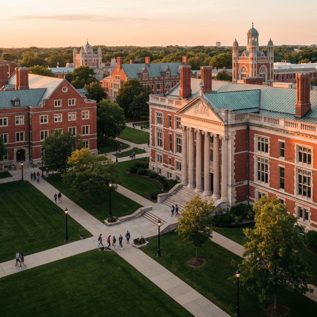 University campus at golden hour